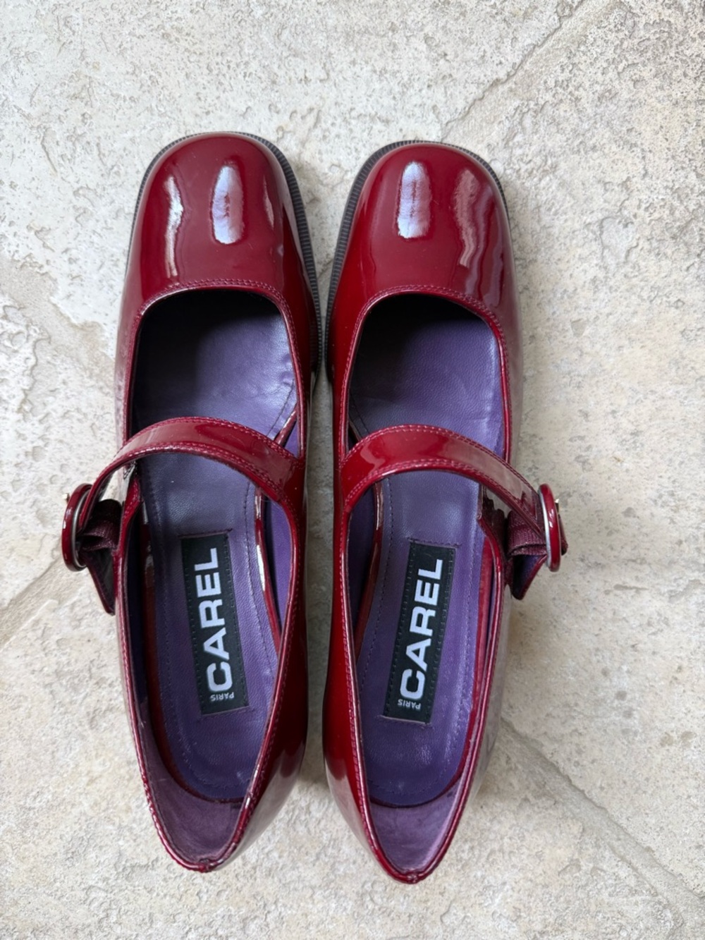 Carel Twiggy Mary Janes in burgundy patent leather